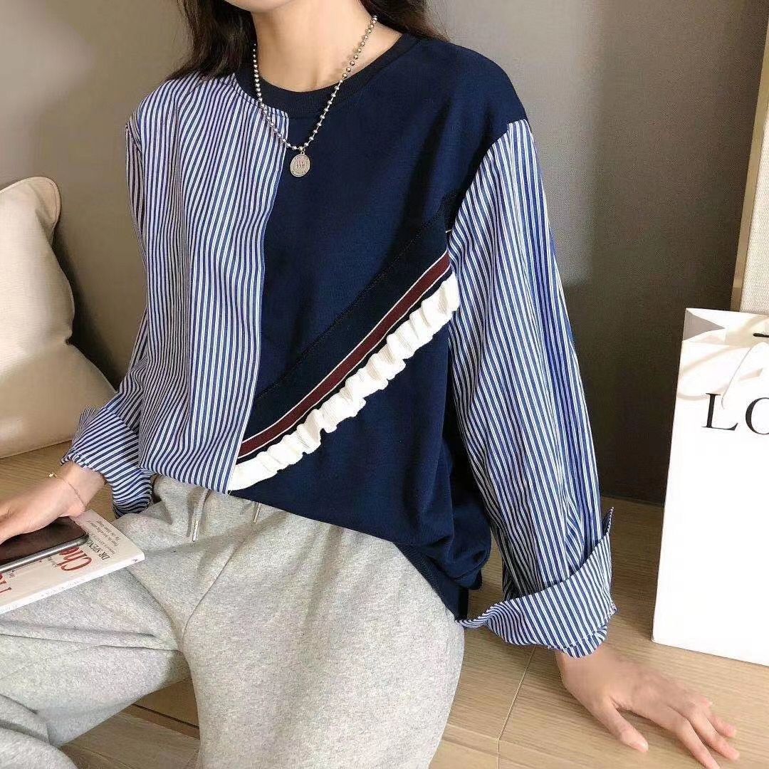 2022 Korean autumn new retro wild round neck design niche striped long-sleeved fungus edge stitching sweater