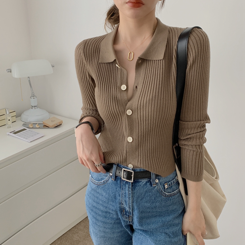 Real shot real price autumn new Korean version slim and slim bottom top polo collar long sleeve pit stripe knitted cardigan