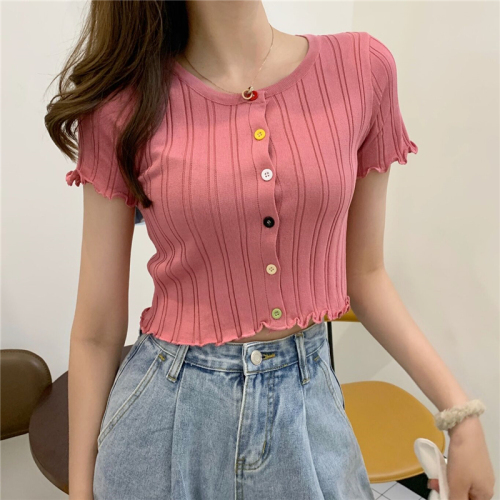 Real photo real price elegant top rainbow button slim short open navel knitted short sleeve T-shirt for women