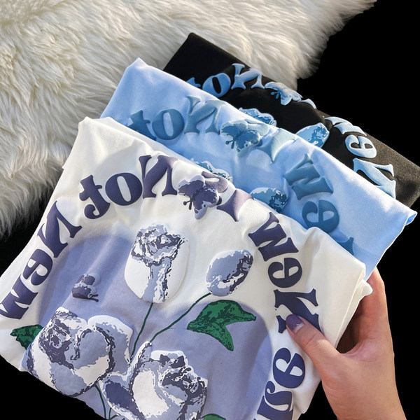 Cotton + foam national fashion American flower short sleeve T-shirt women's summer loose fashion ins European and American fashion brand