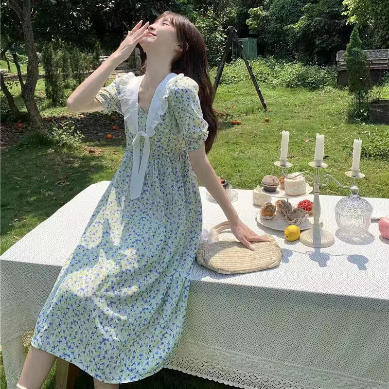 Bowknot super xiansen women's dress summer 2022 New Navy collar is thin and full of foreign style floral skirt women