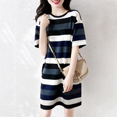 2020 summer new style loose large size short sleeve screen printing medium length stripe dress for women