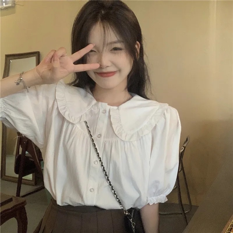 2023 new short-sleeved shirt summer sweet doll collar white shirt women's design versatile top