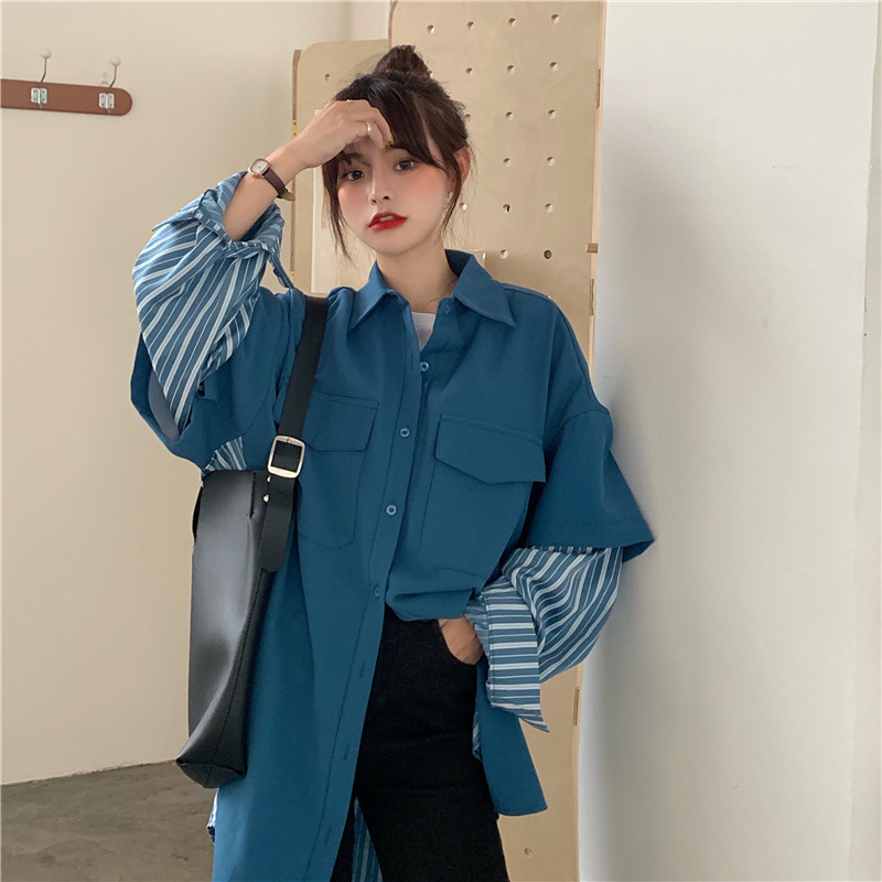 Real shot, real price, new design, double pockets, spliced ​​stripes, fake two-piece loose Korean style shirt jacket