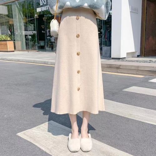 Knitted skirt women's autumn and winter new waist a-line thickened wool mid-length skirt temperament thin skirt