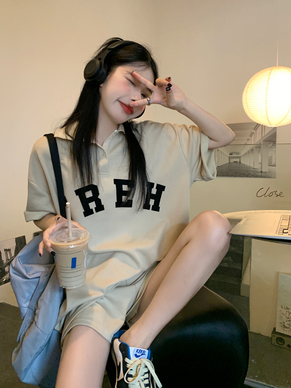 Real price polo collar short sleeve sports suit women's loose design fashion two-piece set