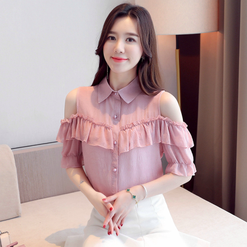 Leaky shoulder chiffon blouse women's short sleeve summer super immortal Korean version loose air small shirt with ruffle edge off shoulder top trend