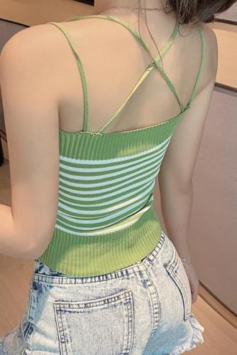Real photo small fragrant, lovely contrast color, cross style, suspender vest, top girl
