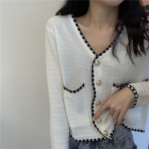 Real shot real price ~ small fragrance V-neck versatile long sleeve sweater cardigan top lady