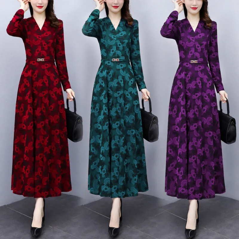 Printed dress long sleeve 2021 autumn winter new middle-aged mother's dress foreign style long waist long skirt women's fashion