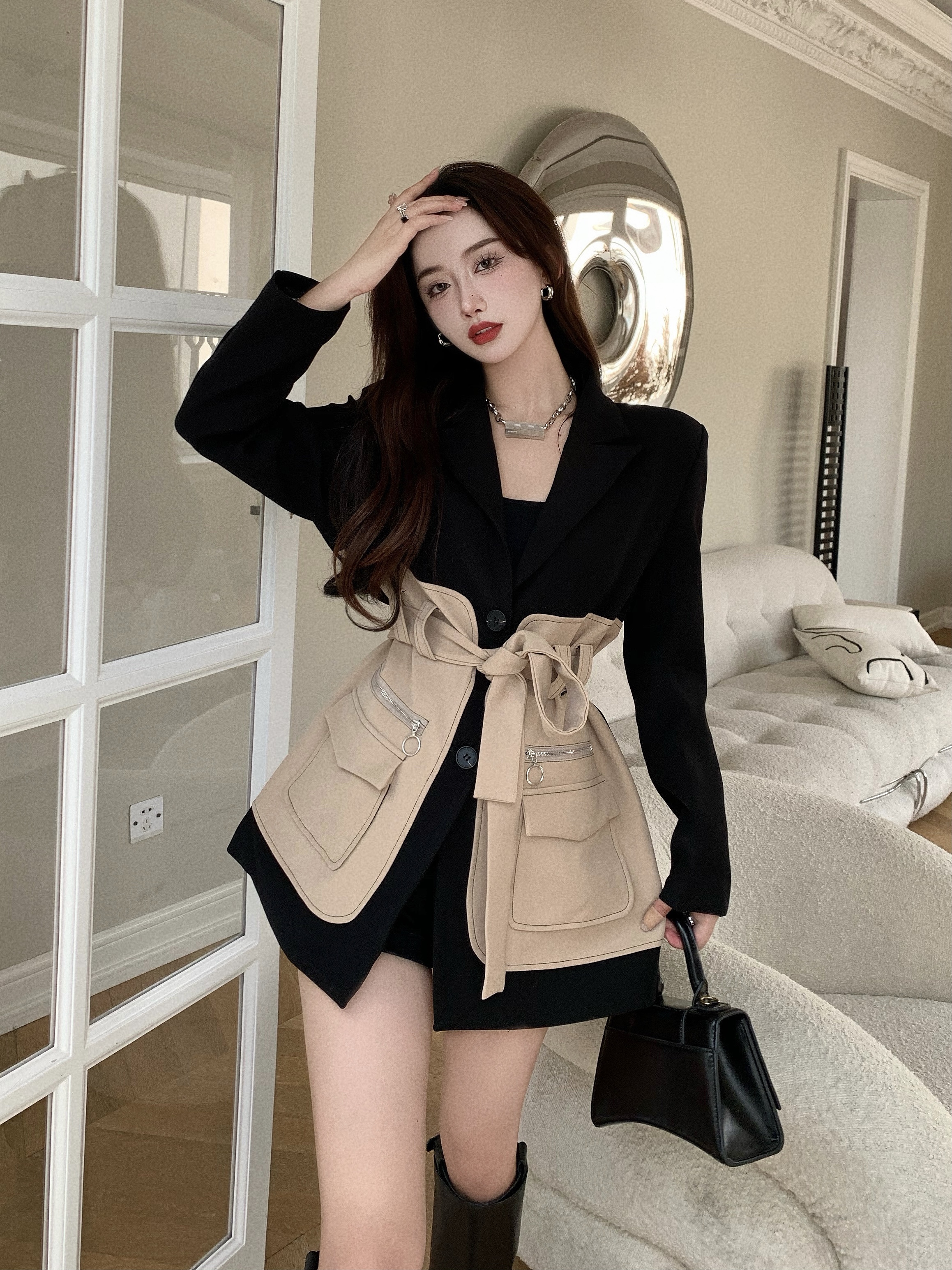 British style color blocking design small suit coat women's net red suit waist closing coat