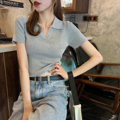 2021 summer new V-neck polo shirt slim knit short sleeve T-shirt women's design sense niche short top