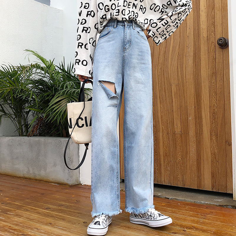 Before and after the actual shooting, the holes are thin and loose. 2022 spring Wide Leg Pants Large jeans women's high waist vertical tube