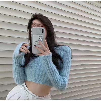 Spice Girls Short Sweater Women's Autumn and Winter Show Waist White Slim-Fit Imitation Mink Outer Wear High Waist Knit Sweater Long Sleeve Top