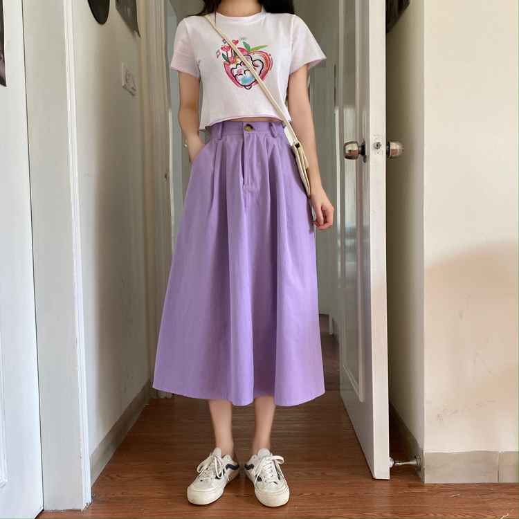 Real price ~ Purple mid length skirt women's 2021 new elastic waist versatile A-line large swing skirt umbrella skirt thin