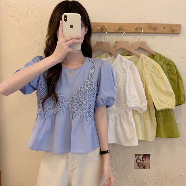 Doll collar short sleeve shirt women's design 2022 new summer French Bubble Sleeve Chiffon age reducing top