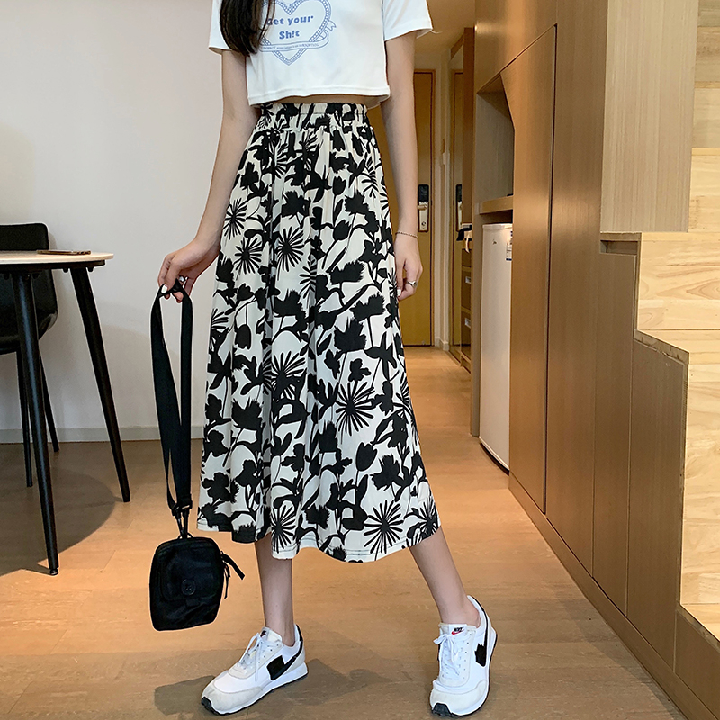 Real shot with inner new slimming hip-covering high-waist floral skirt women's spring and summer long skirt