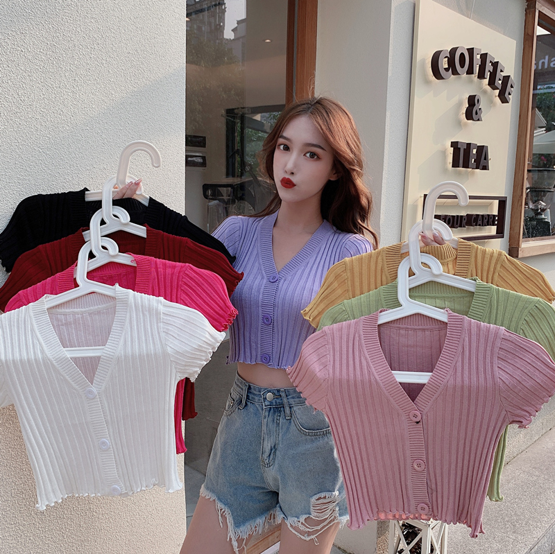 Korean version BM cardigan thin short sleeved Knitted Top Women's summer short style elegant dew navel bottoming shirt