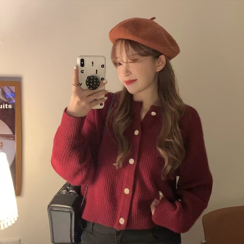 Gentle style autumn and winter sweater short coat women's round neck top with retro Hong Kong style small loose knitted cardigan