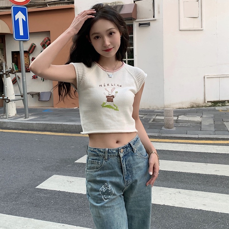2023 Spring and Summer New Hollow Raglan Short-sleeved Knitwear