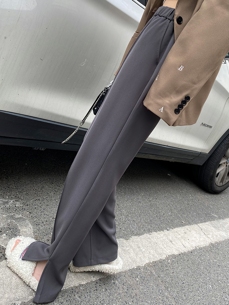 Gray slit suit pants women's spring and summer narrow version high waist wide leg pants versatile slimming casual straight trousers mopping the floor
