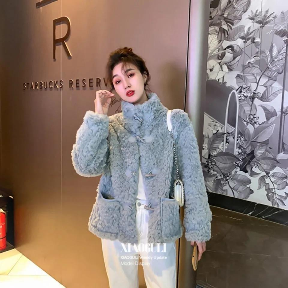 Rabbit hair short coat women's 2021 autumn and winter imitation fur fur integrated ox horn buckle loose lamb Plush coat