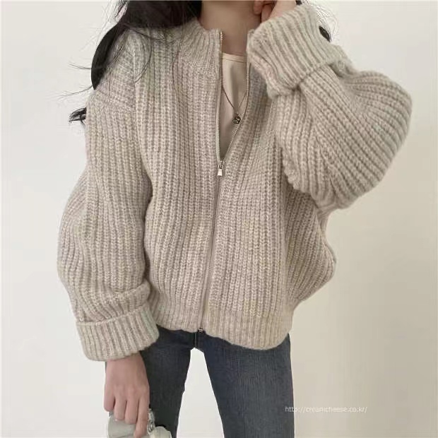 Korean chic retro lazy wind round neck zipper hemp pattern loose thick needle thickened cardigan sweater jacket women