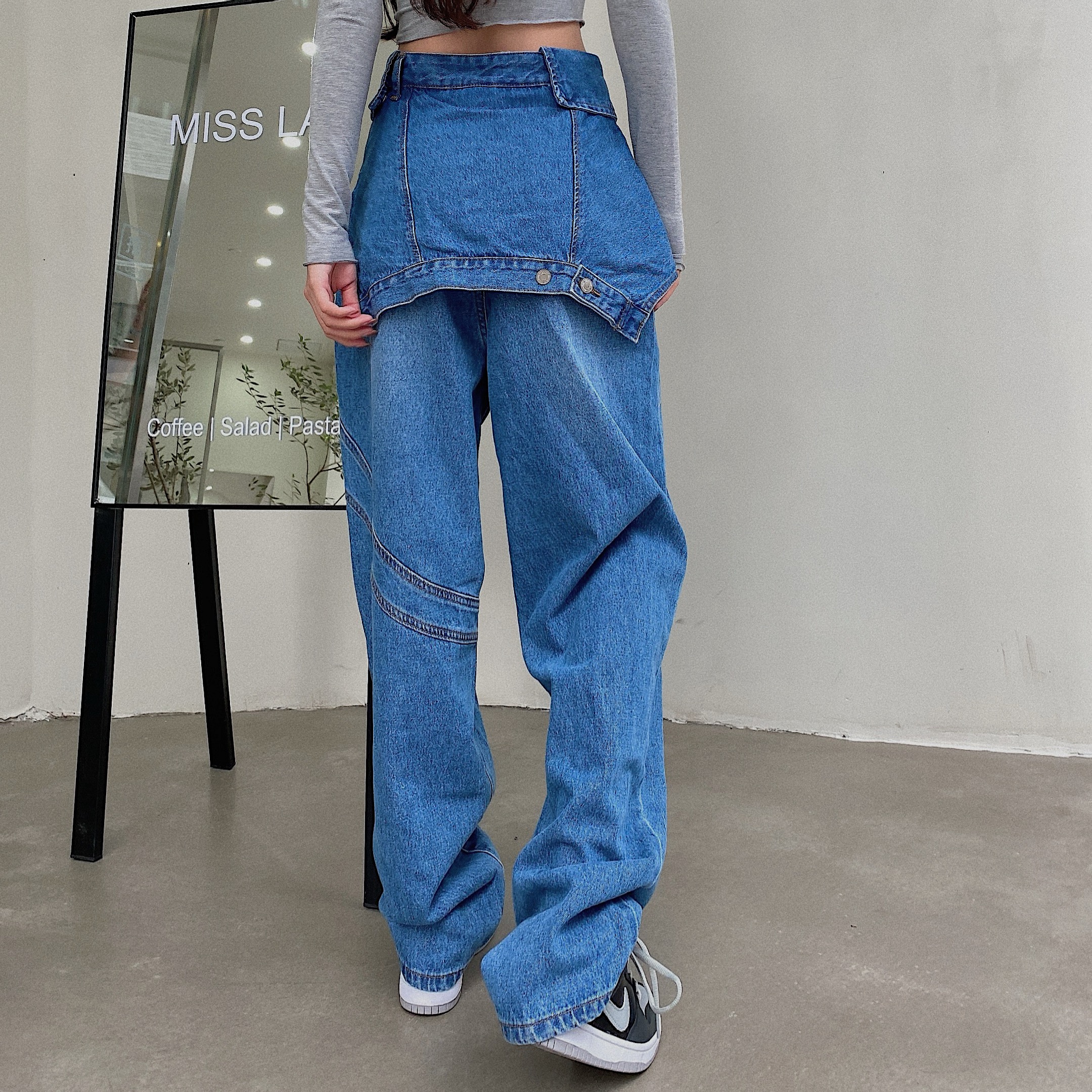 Real shot real price design sense high waist slimming floor mopping pants retro wide leg jeans women's fashion