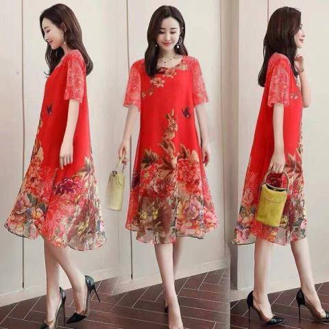 2022 summer new women's Printed Dress Chinese national style retro skirt popular large beach skirt