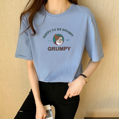 Real shooting pure cotton short sleeve T-shirt women's clothing summer  regular basic cartoon printing round neck loose top