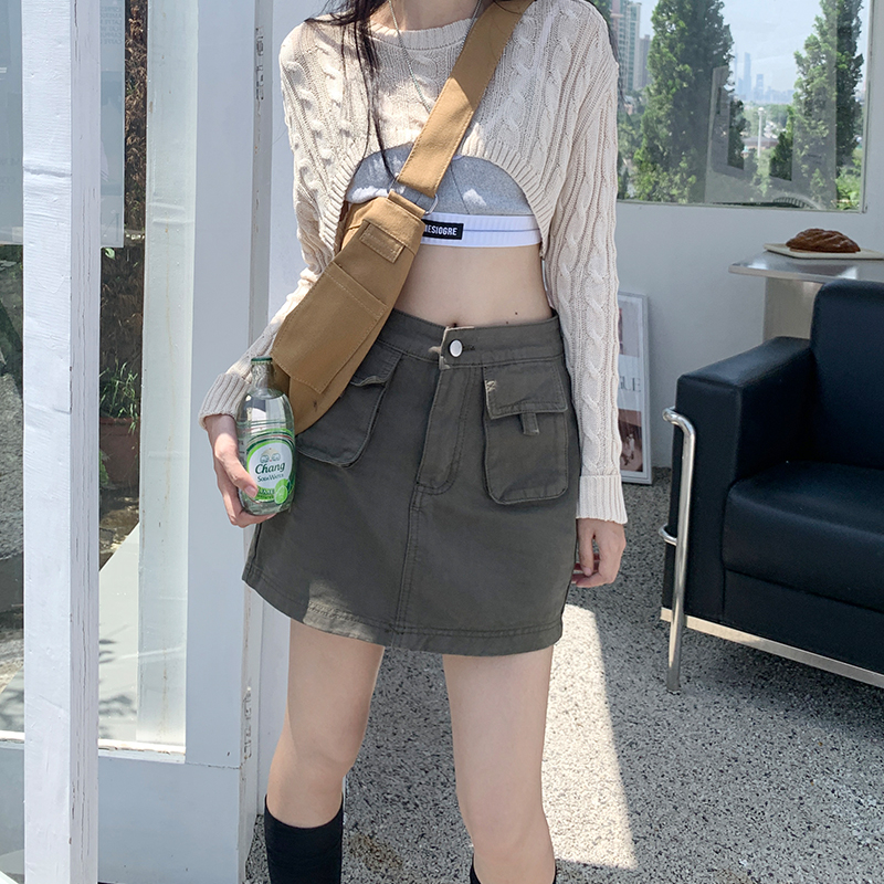 Real shot grey green work dress short skirt retro front pocket with lining
