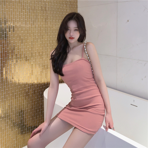 Real photo straight men's Pink low chest show body sexy thin shoulder strap suspender short dress