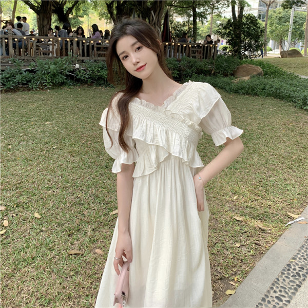 Chiffon dress women's summer 2022 new design sense cross V-neck gentle wind short sleeve long skirt