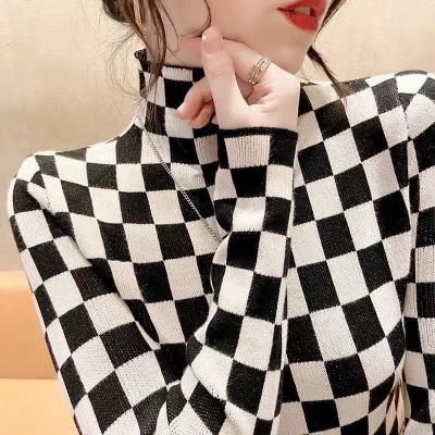 Half high neck slim bottomed blouse women's autumn and winter foreign style 2021 new chessboard check sweater with sweater inside