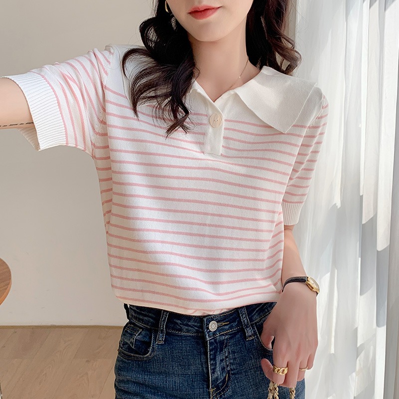 Real shot ice stripe Navy collar T-shirt women's short sleeve 2022 new summer loose polo collar top