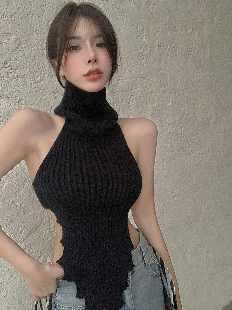 Real shot real price design sense slim backless knitted top solid color high collar comfortable sleeveless vest female 1635