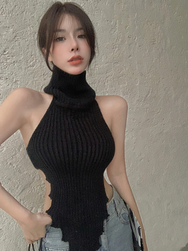 Real shot real price design sense slim backless knitted top solid color high collar comfortable sleeveless vest female 1635