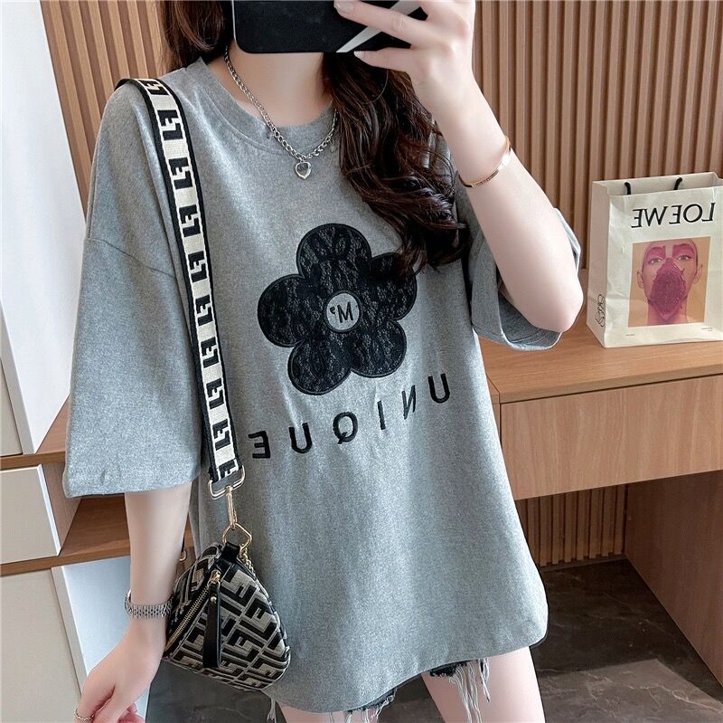Official map summer Korean version 2023 new large size women's clothing mid-length yarn embroidery flowers short-sleeved T-shirt women