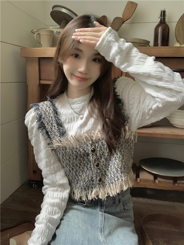Actual shot and real price Korean style small fragrant style short vest fashion suit layered with long-sleeved bottoming top