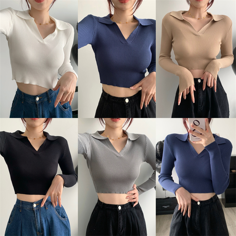 Real shot real price chic retro Korean version of the wild knitted bottoming shirt autumn new sweater short long-sleeved top