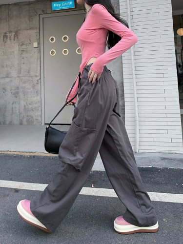 Sweet and cool style hot girl American overalls women's loose design sense niche casual wide-leg gray pants ins tide