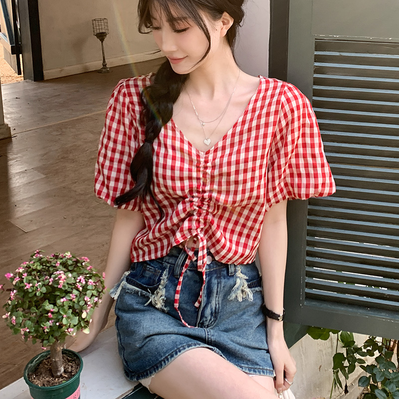 Real shot Plaid T-shirt women's short-sleeved shirt front shoulder short top summer drawstring v-neck pure desire hot girl style