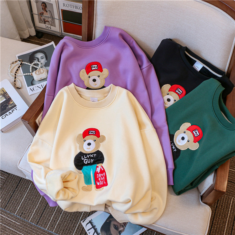 Cartoon embroidered long-sleeved sweater women's autumn and winter Korean version loose college style plus velvet thickened pullover round neck top coat