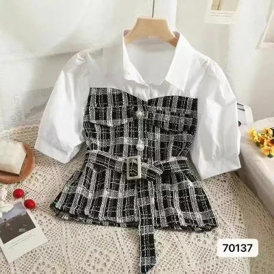 New design sense of small fragrant style Polo collar splicing plaid belt slimming short-sleeved top
