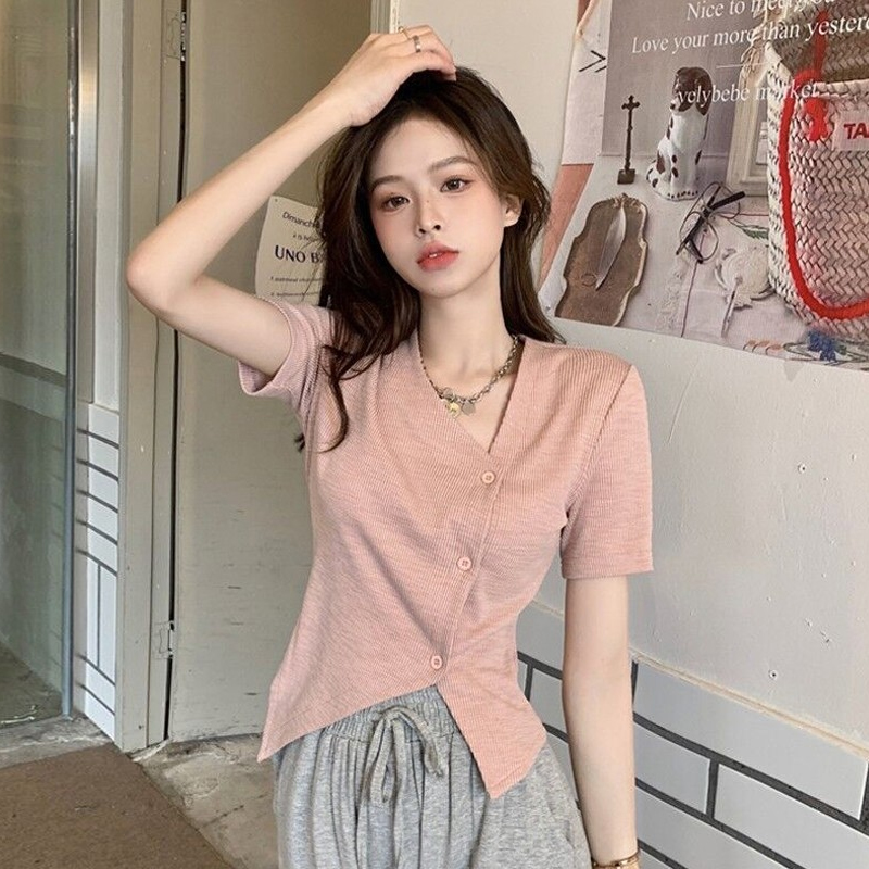 Real shooting pure desire short jacket female design sense of minority summer Spice Girls irregular slim fitting short sleeve T-shirt