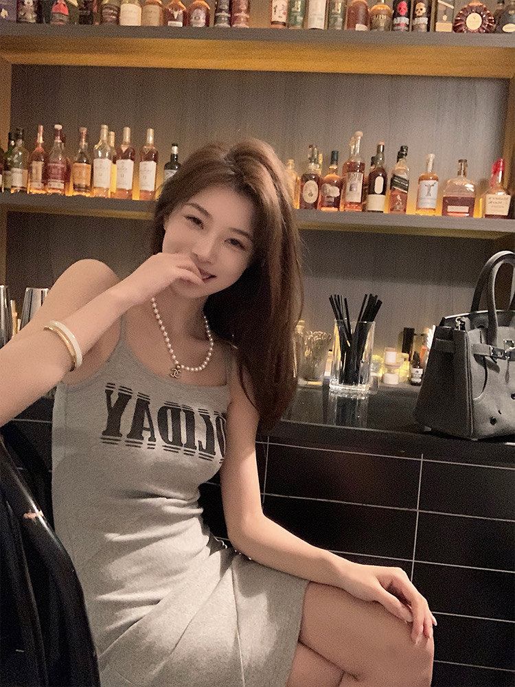 Trendy and cool letter printed suspender dress for women spring and summer new pure lusty style sweet and spicy slim hip skirt vest dress