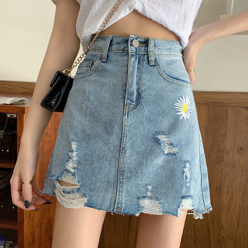 Real photo fake two pieces of wide leg jeans skirt women's short high waist small students Korean version 2020 spring new trend