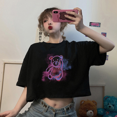 Summer 2023 new loose short section fun bear print playful navel short-sleeved T-shirt top female ins