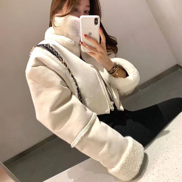 Fashion standing collar splicing deer skin velvet lamb fur integrated motorcycle coat women's short style