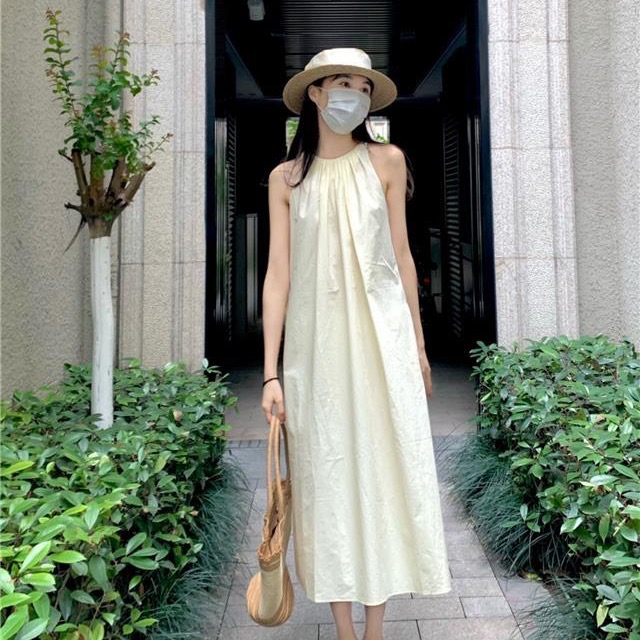 Dress new summer niche chic unique temperament French high-end solid color sleeveless mid-length dress with inner